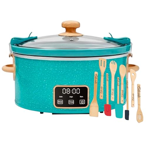 Pioneer Woman 6 Qt Digital Slow Cooker with Locking Lid, Teal Speckle with 9 Pieces Utensil Set, Bundle