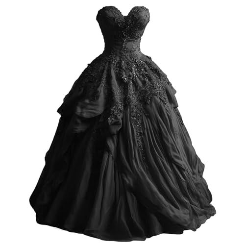 Mouccy Vintage Gothic Black Wedding Dresses Puffy Appliques Lace Wedding Gown Plus Size Beaded Strapless Ball Gowns 22