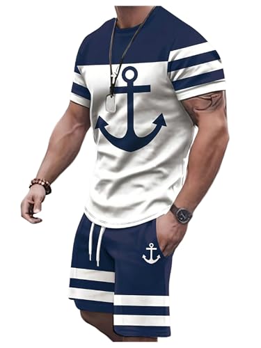 WDIRARA Men's 2 Piece Outfits Anchor Print Striped Tracksuits Short Sleeve T Shirt and Drawstring Shorts Sets Blue and White Medium