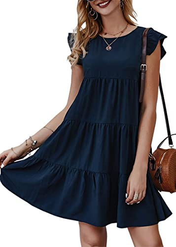 KIRUNDO Casual Dresses for Women 2025 Trendy Summer Sleeveless Ruffle Sleeve Round Neck Loose Short Flowy Pleated Mini Dress (Navy, Large)