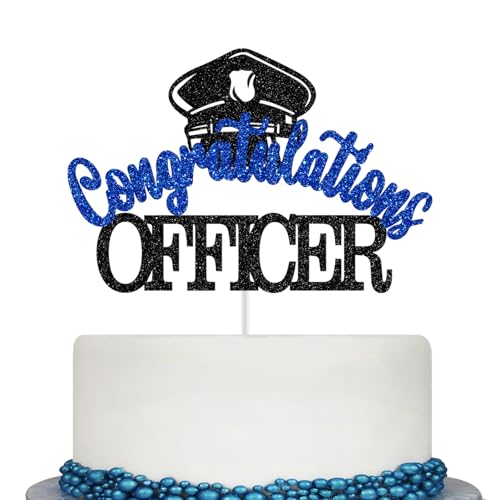 Congratulations Officer Cake Topper, Police Officer Graduation Decorations, Congrats Police Officer, Police Academy Graduation Party Decorations (Black and Blue Glitter)