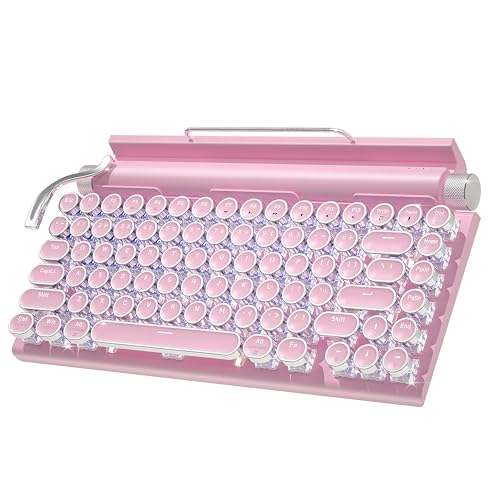 Retro Typewriter Wireless Mechanical Gaming Keyboard, Bluetooth 5.0 Office Computer Vintage Keyboards 83-Key Blue Switches Punk Round Keycap, LED Backlight, Compatible with PC/Laptop/Pad/Phone, Pink