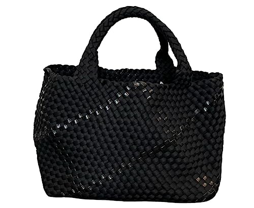 Dallas Hill Designs Large Tote Bag for Women | Neoprene Woven Shoulder Purse | Travel, Beach, Gym Handbag | Extra Pouch (black with metalic black)