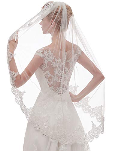 EllieHouse Womens Short Fingertip Length 1 Tier Lace Ivory Wedding Bridal Veil With Metal Comb L68IV