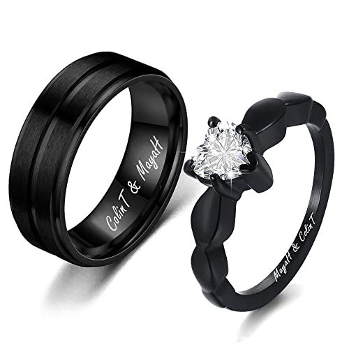 Personalized Matching Promise Rings for Couples Set with 2 Rings Black CZ Wedding and Engagement Ring Set for Women and Men Couples Promise Rings for Him and Her Titanium Inside Engraved Name Rings