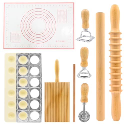 8in1 Ravioli Gnocchi Pasta Dumpling Noodle Maker Cutter Press Mold Stamp - Pasta Manual Accessories Homemade Essentials Making Tool Kit w/Silicone Pastry Mats, Wooden Dough Roller Rolling Pin
