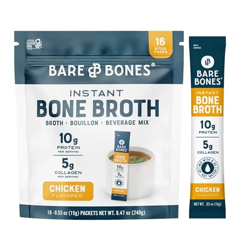 Bare Bones Chicken Bone Broth Instant Powdered Mix | Rich Savory Packets on-the-Go No Artificial Flavors | Keto & Paleo Friendly | 10g Protein | 16 Pack