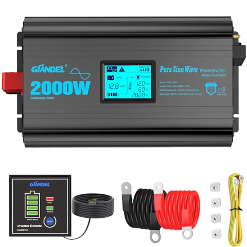 2000 Watt Pure Sine Wave Power Inverter 2000W 12V DC to 120 V AC Lithium Battery Compatible for RVs Off Grid Solar Boat Camper Starlinks System with 20Amps Hardwire Block and USB-C PD30W by GIANDEL