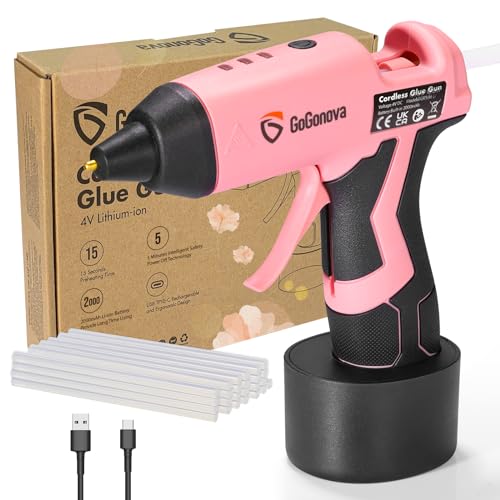 GoGonova Cordless Glue Gun, 15s Fast Preheating 2Ah Cordless Hot Glue Gun with 25 Pcs Premium Mini Glue Gun Sticks, USB-C Battery Rechargeable hot glue gun, Smart Power-Off, Pink