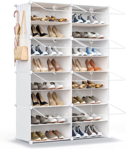 HOMICKER Shoe Rack Organizer, 32 Pair Shoe Storage Cabinet with Door Expandable Plastic Shoe Shelves for Closet,Entryway,Hallway,Bedroom