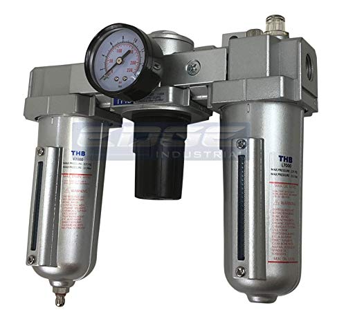 HEAVY DUTY INDUSTRIAL RATED 3 STAGE COMBINATION FILTER REGULATOR LUBRICATOR AIR LINE PARTICULATE FILTER MOISTURE TRAP LUBRICATOR OILER REGULATOR CLEAN AIR TOOLS (1/2" NPT, 5oz BOWL)