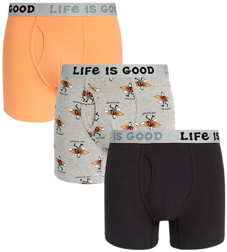 Life is Good Men’s Boxer Briefs - 3 Pack Casual Stretch Boxers with Fly Pouch - Breathable Underwear Boxers for Men (S-XL), Size Medium, Orange/Grey Print/Black