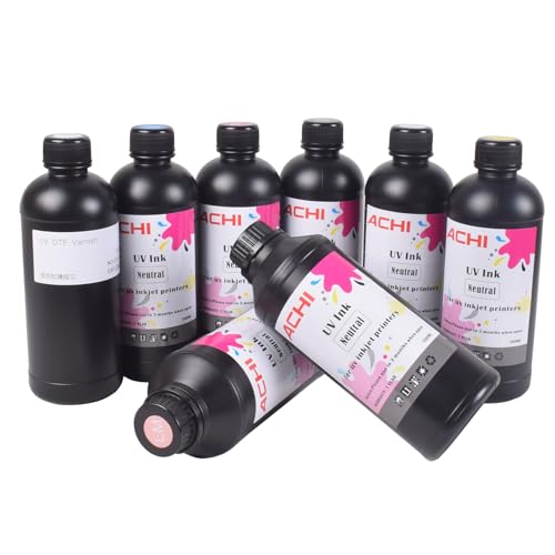 AchiPrin 500M*8 UV Ink for UV 6090 Printer XP600 UV Printer Printing Ink on Metal Wood Glass 5X500ML CMYKWV + Varnish+LC+LM for Ep XP600 TX800 tx300 dx4 dx5 dx6 dx7 dx10