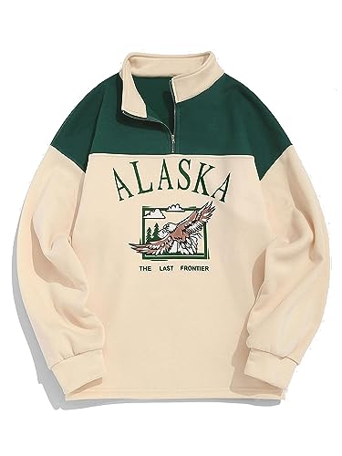 ZAFUL Men's Vintage ALASKA Graphic Eagle Printed Colorblock Fleece Quarter Zip Sweatshirt (ALASKA-Light Yellow, L)