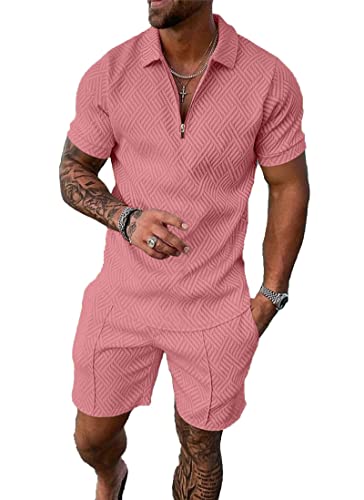 BIRW M Pink Mens Short Sets 2 Piece Outfits Fashion Summer Tracksuits Casual Set Polo Shirt Short Sleeve and Shorts Set