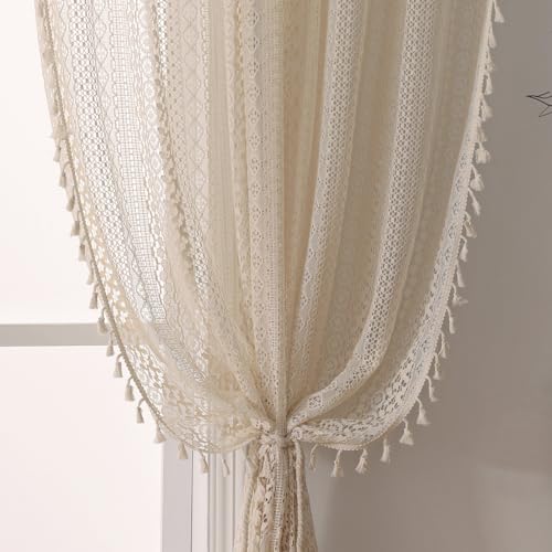 WAZZIO Cottage Style Sheer Curtains 72 Inches Long 2 Panel,Rod Pocket French Country Privacy Sheer Curtain Tassel Bohemian Short Curtains for Bedroom Living Room Kitchen - Beige