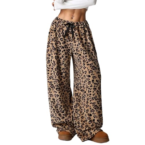 Leopard Therian Fuzzy Pajama Pants Women Y2k Cheetah Grunge High Waisted Fluffy Pants (Brown, M, Medium)
