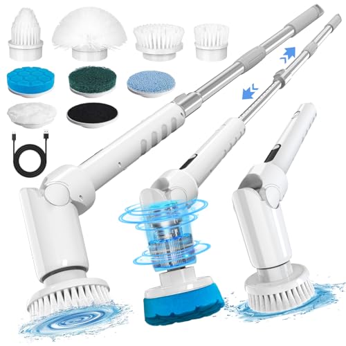 Electric Spin Scrubber - Cordless Cleaning Brush with Digital Display, 2 Speeds, 8 Brush Heads, IPX7 Waterproof, Adjustable Long Handle for Bathroom, Tub, Tile, Shower, and Car（Grey）