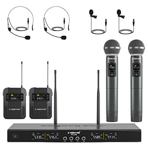 Phenyx Pro Wireless Microphone System, 4-Channel Wireless Mic Set with Handheld/Bodypack/Headset/Lapel Mics, Cordless Microphone for Singing, Karaoke, Church (PTU-5200-2H2B)