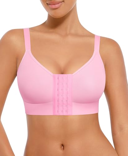 FeelinGirl Woman's Compression Mastectomy Bra Wireless Front Closure Push Up Bra Plus Size Fuchsia XXL