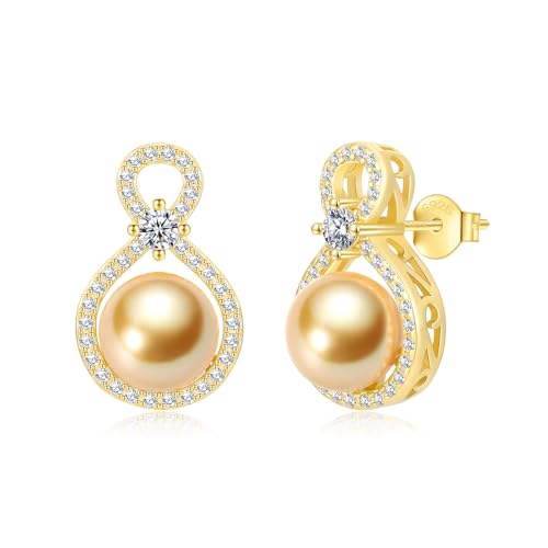 BAMIKI Golden Pearl Earrings for Women, S925 Sterling Silver 14K Gold Plated Infinity Stud Earrings, 8-8.5mm Round Saltwater Cultured Pearls, Hypoallergenicity Jewelry Gifts for Mother Wife Bridal
