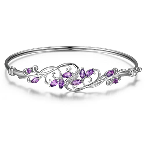 MORGAN & PAIGE .925 Sterling Silver Rhodium Plated Genuine Amethyst and White Topaz Bangle Bracelets for Women - Elegant Filigree Two-Tone Silver Bracelets for Women Bracelet Vine Design 7.25"