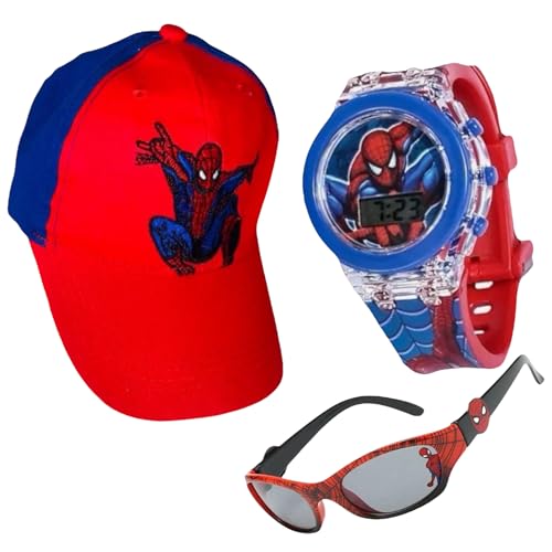 GIFTPLAY! Kids Spider Baseball Cap Boy Hat Flash Light Luminous Digital Quartz Kid Watch Polarized Sunglasses 3 4 5 6 7 8 Year Old Boys Girls