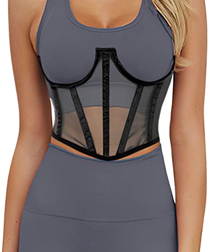 TOPMELON Black Corset Belt Waist Corset Lace Open Cup Underbust Corset Mesh Underwire Short Torso Underboob Corset Waist Cincher Boned Corset Medium