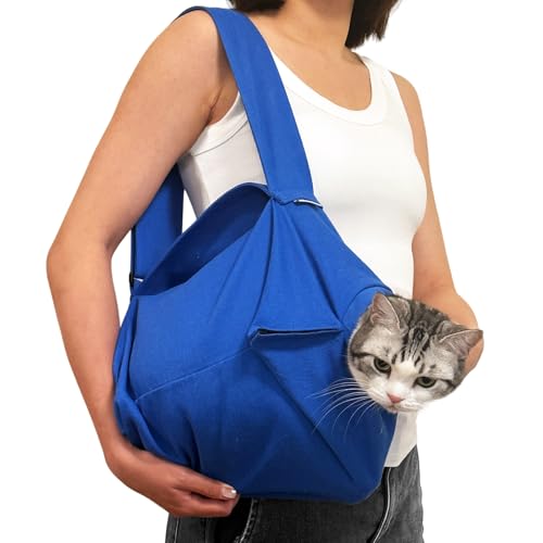 Amkune [Cozy Travel] Cat Carrier Pouch, Soft Sided Cat Sling Bag for Small Medium Cats, Carrying Sack, Restraint Bag for Nail Trimming, Vet Visits, Giving Meds, Dental Care, Car Travel - Klein Blue