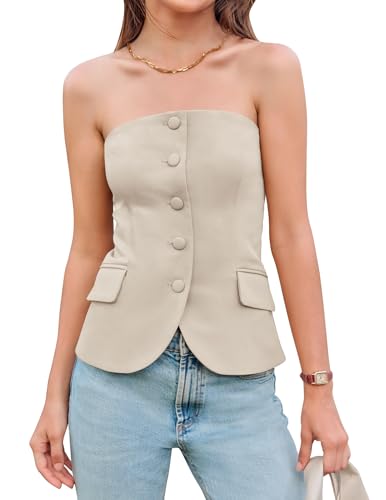 Women's Single Breasted Vests Backless Bandeau Cute Sleeveless Slim Fitted Tube Top Work Office Blazer Tank Apricot S