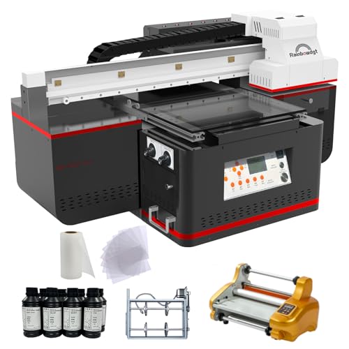 RAINBOWDGT UV Printer Flatbed A3 UV DTF Printer Machine with Dual Printhead for Wood Fabrics Metal Golf Phone case More Printing(Printer+Laminating Machine+AB Film+Bottle Holder+ Software+8xInks)