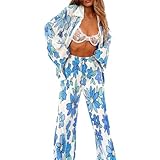 NUFIWI Women Y2K 2 Piece Pants Set Oversized Floral Printed Button Down Shirt High Waist Pants Outfits Summer Streetwear (A Floral Blue, Medium)