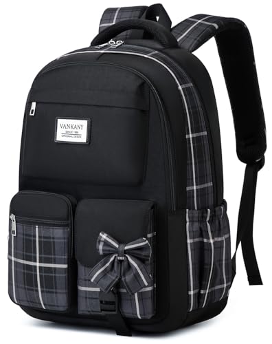 VANKANY Black Backpack for Girls, Cute Teenage Bookbag for Women Middle School Highschool College Student Mochila Universitaria para Mujer