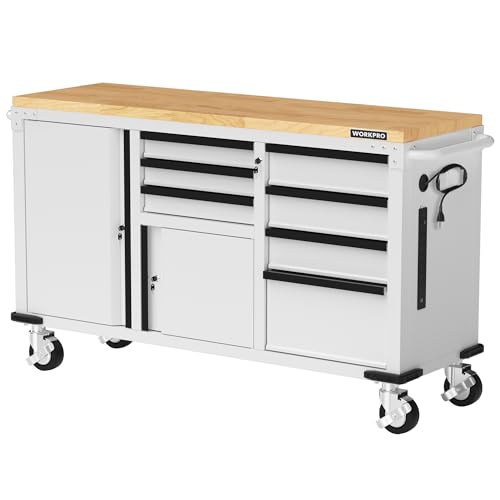 WORKPRO 62" x 20" 7-Drawer & 2-Door Rolling Tool Chest, Mobile Tool Storage Cabinet with Power Strip, Locking System, Heavy Duty Rolling Cabinet for Garage, Warehouse & Kitchen, 1000 lbs Capacity