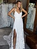 homdor V Neck Lace Applique Wedding Dress for Bride Spaghetti Strap A Line Boho Bridal Gown with Slit White Size 2