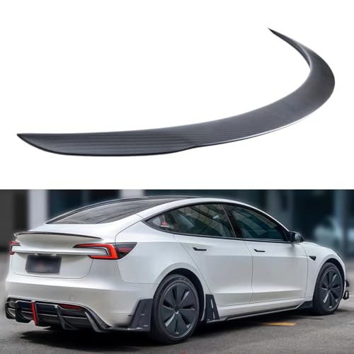 WheelX Real Carbon Fiber Rear Spoiler Compatible with 2024-2025 Tesla Model 3 Highland, P Style Duckbill Trunk Exterior High Kick Tail Deck Lid Splitter Wing Lip (Matte)
