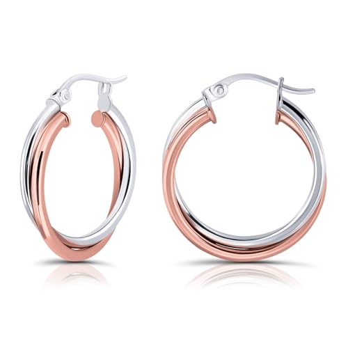 Hoops & Loops Rose Gold Flash Sterling Silver Two-Tone Intertwining Square-Tube Polished Hoop Earrings, 20mm
