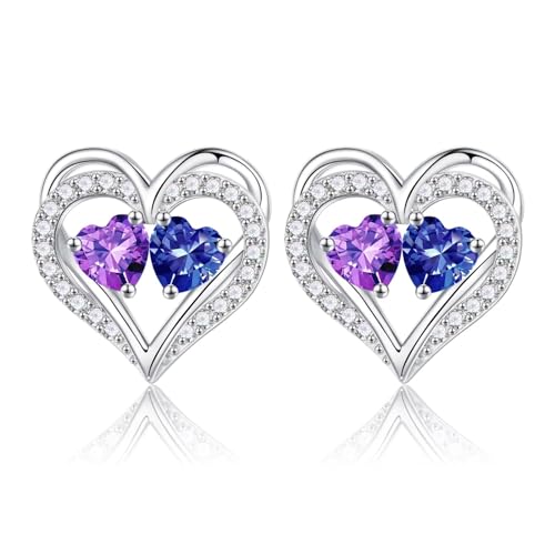Iefil Birthstone Heart Earrings for Women, Amethyst Tanzanite Earrings, February December Birthstone Jewelry