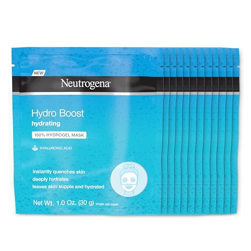 Neutrogena Hydro Boost Moisturizing & Hydrating 100% Hydrogel Sheet Mask, Face Mask for Dry Skin with Hyaluronic Acid, Gentle & Non-Comedogenic, 1 oz, 12 Pack