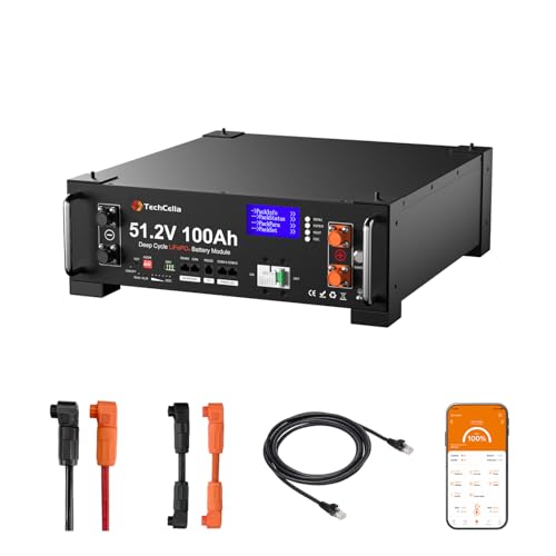 TechCella 48V 100Ah LiFePO4 Lithium Battery, 100A BMS with Inverter Communication, 3U Rack-Mount, Smart Display & Bluetooth, 6000+ Cycles, Max. 5.12kW Power Output for Off-Grid, Solar System, Backup