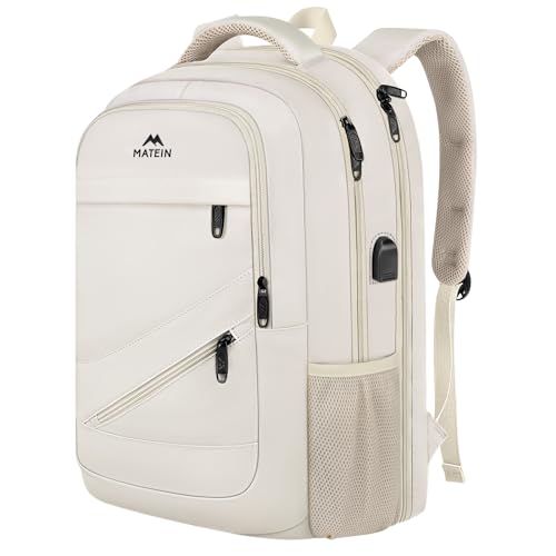 MATEIN 17 inch Laptop Bookbag for Women, College School Backpack Large Capacity with USB Port & Luggage Strap, Water Resistant Padded Computer Backpack TSA Approved for Nurse Work Travel, Beige