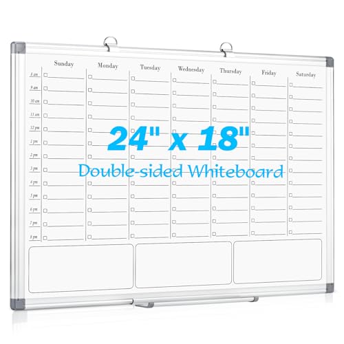 ONAVIA White Board Dry Erase Board for Wall, Magnetic Whiteboard Calendar 24" X 18", Weekly Calendar Whiteboard with Hourly Time Slots, Hanging Double-Sided White Board for Office, School, Home