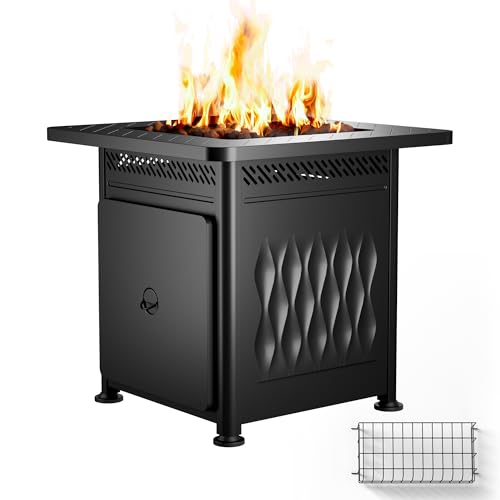 EAST OAK 28" Outdoor Propane Fire Pit Table | 52,000 BTU Gas Fire Pit Table for Outside with Magnetic Lid | Storage Basket & Lava Rocks | CSA Certified for Patio, Garden & Backyard | Black