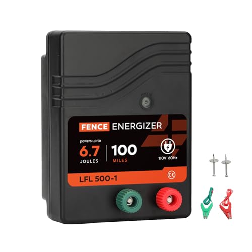 Electric Fence Charger AC Powered 100 Miles 300 Acres, 110 Volt 6.7 Joule Plug-In Electric Fence Energizer, Output Voltage Max 10.2 kV for Livestock, Preventing Predators from Intruding