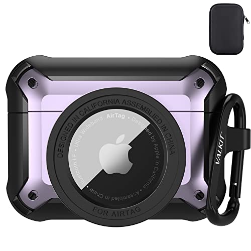 Valkit Compatible Airpods Pro Case and AirTags Case Cover, 2 in 1 Rugged Protective Case Shockproof Air Pod Pro Case for Men Women with Keychain iPod Pro Skin for Airpods Pro and Airtag, Black/Purple