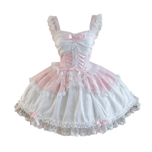 Cuteighteen Lolita Sleeveless Short Dress Teens Cute Lace Decor Graduation Cocktail Princess Halloween Party Juniors Dresses (US, Alpha, Small, Regular, Regular, Pink)