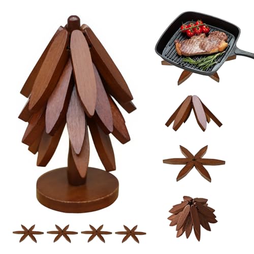 EGO LIFE Wooden Trivet Tree Set for Hot Dishes, 100% Natural Wood, Expandable Design Coaster, Foldable Tree-Sharped placemats with 4PCS(Walnut Color)