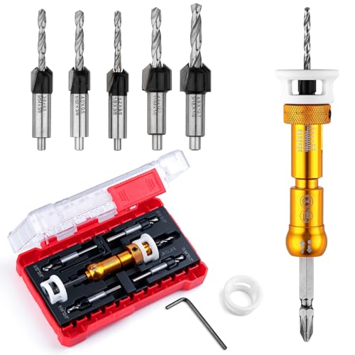 Countersink Drill Bits Set with Depth Stop (1/8", 9/64", 5/32",3/8”,1/2”), Quick Change Hex Shank Countersink Drill with Phillips Bit for Wood, Plastic, Woodworking