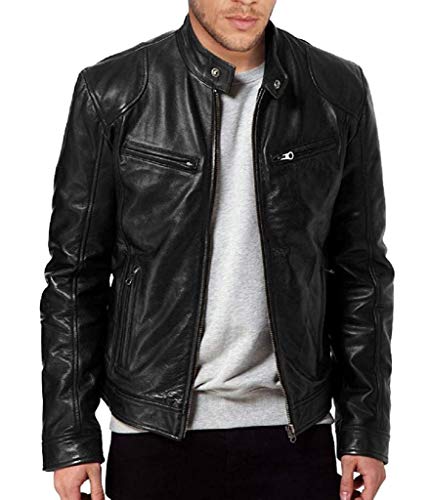 The Leather Factory Men's SWORD Genuine Lambskin Leather Biker Jacket S Black