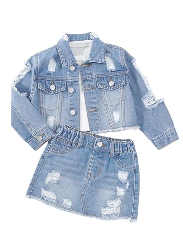 BEAUDRM Toddler Girls 2 Piece Ripped Denim Outfit Button Up Long Sleeve Jacket and Mini Jean Skirt Set Light Wash 5Y